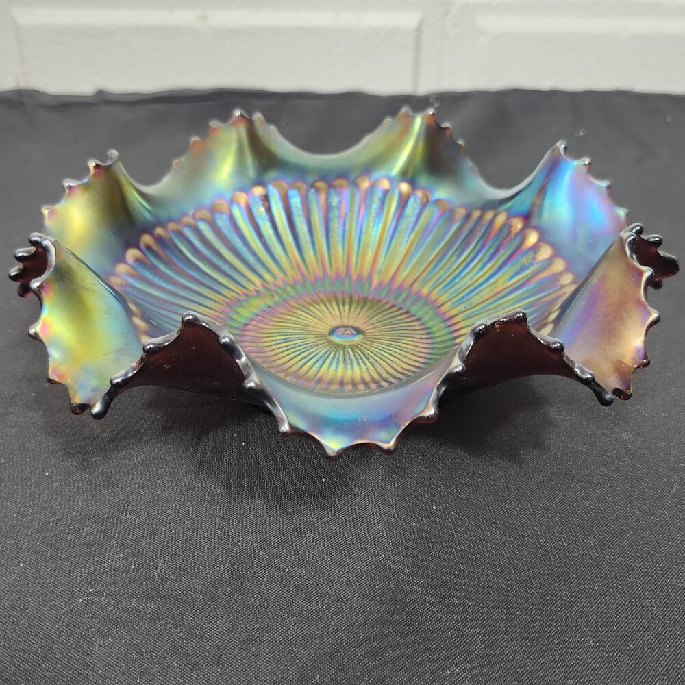 Vintage Northwood Stippled Rays Amethyst Carnival Glass Ruffled Bowl